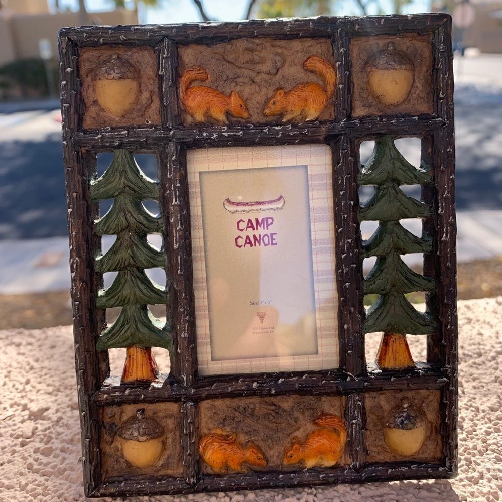 Camp Canoe Hand Painted Frame 2 X 3 Inches Squirrels Acorns Pine Trees Nature